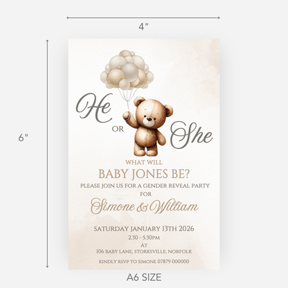 Cute Teddy Gender Reveal Invitations (Pack of 10) - P113