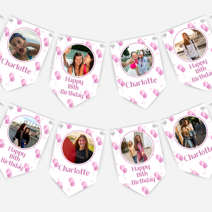 Personalised Pink Balloons Any Age  Photo Bunting - B185