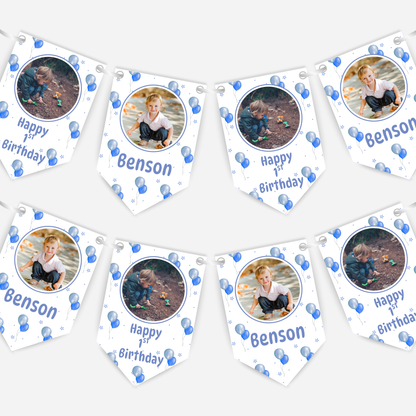 Personalised Blue Balloons Photo Bunting - B184