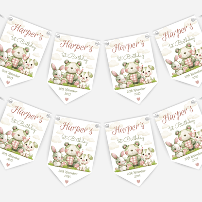 Cute patchwork animal 1st Birthday Bunting - B233