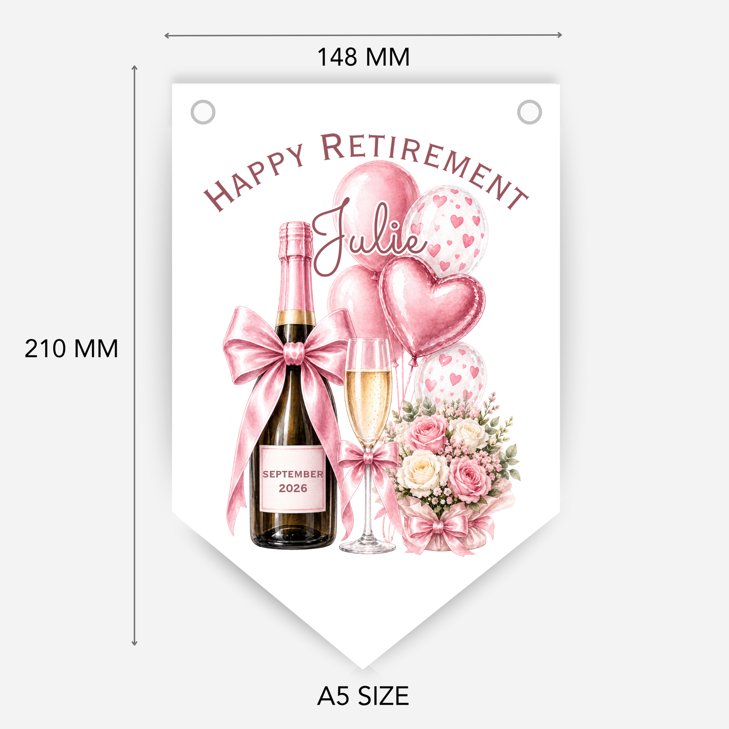 Retirement or any occasion bunting, pretty flowers, fizz and balloons design - B313