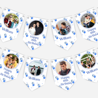 Personalised Blue Balloons Any Age Photo Bunting - B186