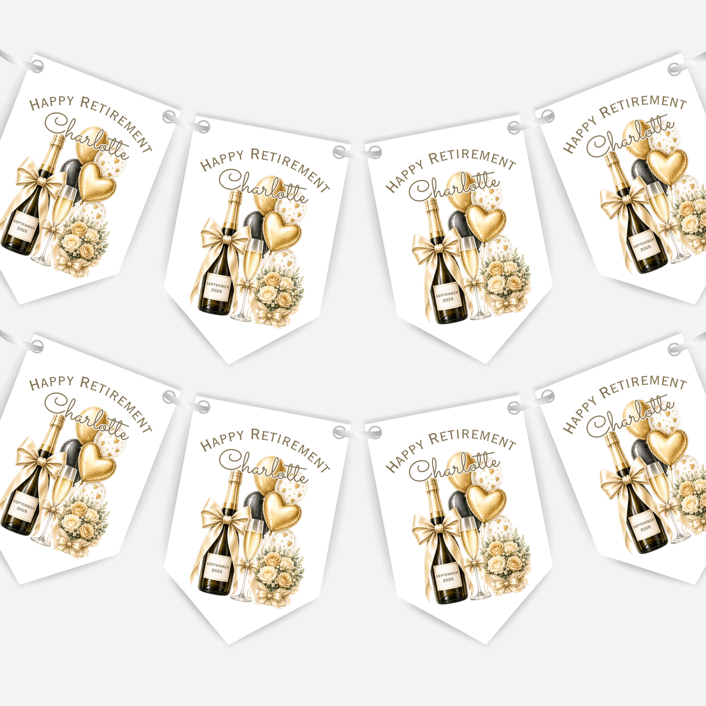 Retirement or any occasion bunting, pretty flowers, fizz and balloons design - B314