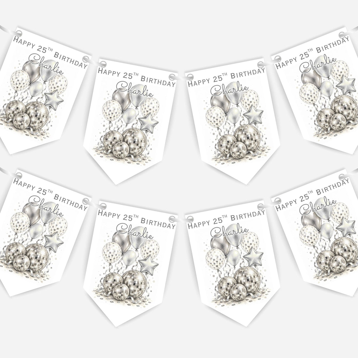 Disco Ball and Balloons Birthday Bunting Decoration – Custom Name & Age - Party Banner – 2 Colours Available – B324
