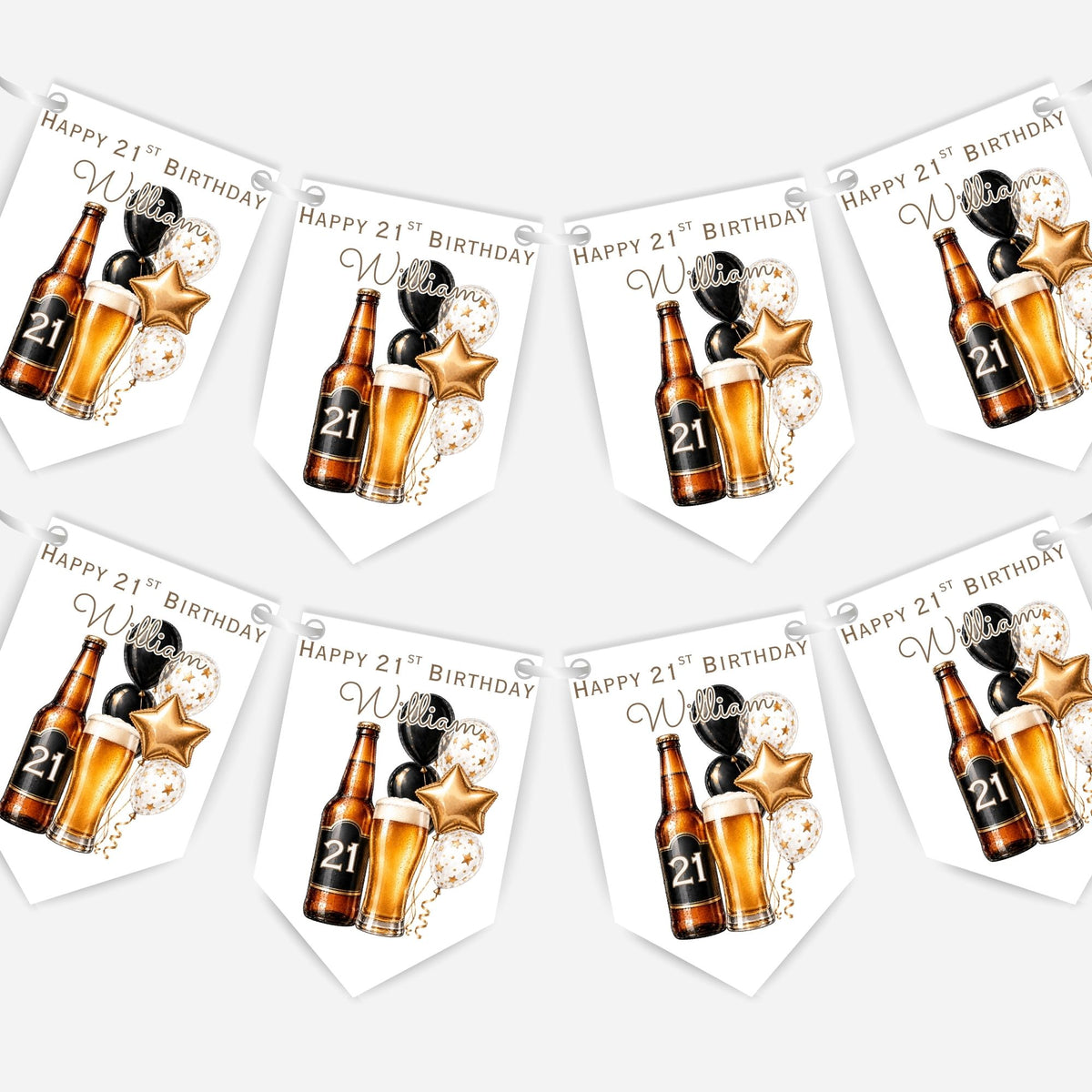 Beer and Balloons Birthday Bunting Decoration – Custom Name & Age - Party Banner – 2 Colours Available – B318