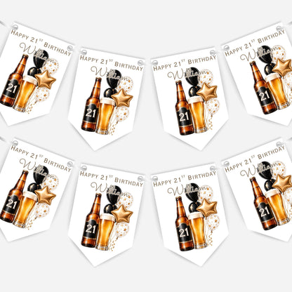 Beer and Balloons Birthday Bunting Decoration – Custom Name & Age - Party Banner – 2 Colours Available – B318