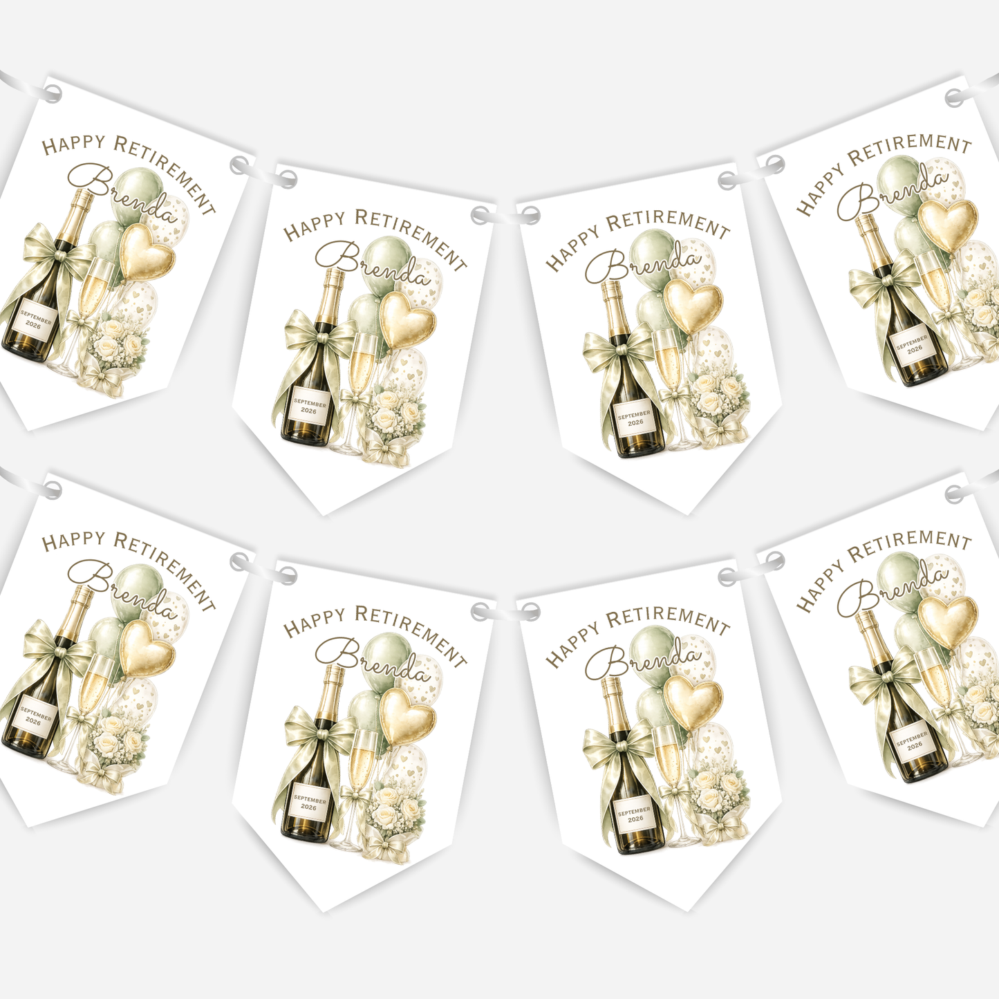 Retirement or any occasion bunting, pretty flowers, fizz and balloons design - B315