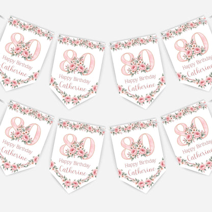 Flower Birthday Bunting Decoration – Custom Name & Age - Party Banner – 2 Colours Available – B328
