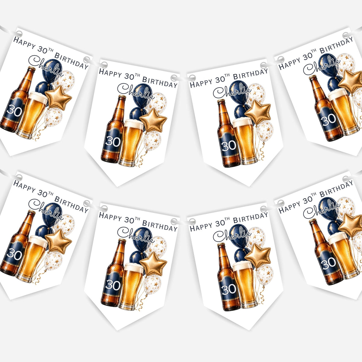 Beer and Balloons Birthday Bunting Decoration – Custom Name & Age - Party Banner – 2 Colours Available – B318