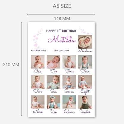 Newborn to 12 Months Milestone - Personalised 1st Birthday Photo Card - PC54