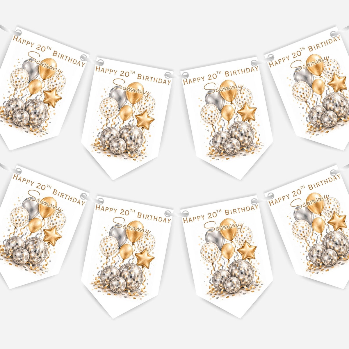 Disco Ball and Balloons Birthday Bunting Decoration – Custom Name & Age - Party Banner – 2 Colours Available – B324