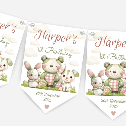 Cute patchwork animal 1st Birthday Bunting - B233
