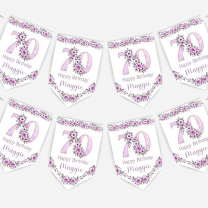 Flower Birthday Bunting Decoration – Custom Name & Age - Party Banner – 2 Colours Available – B328
