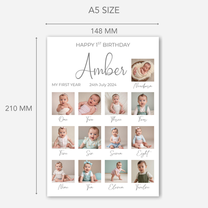 Newborn to 12 Months Milestone - Personalised 1st Birthday Photo Card - PC09