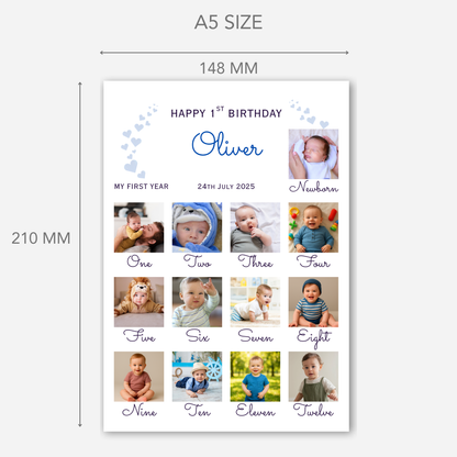 Newborn to 12 Months Milestone - Personalised 1st Birthday Photo Card - PC55