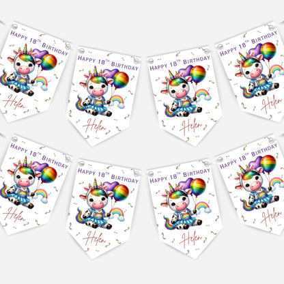 Rainbow Unicorn Cow Birthday Bunting -B345