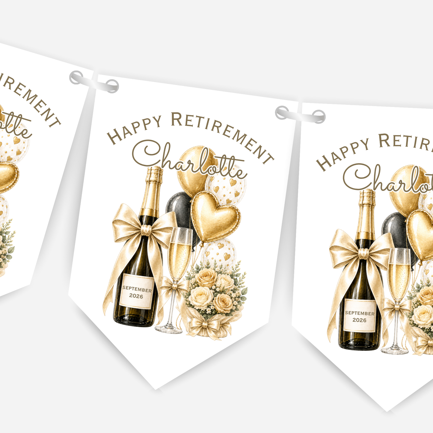 Retirement or any occasion bunting, pretty flowers, fizz and balloons design - B314