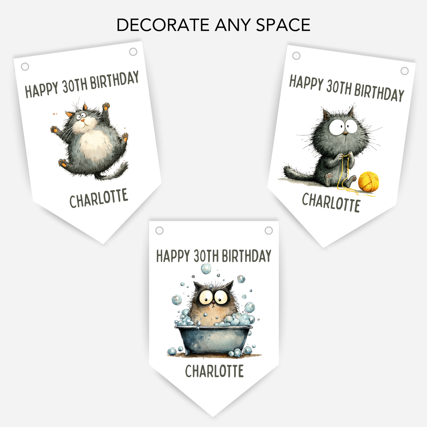Whimsical Funny Cat Birthday Bunting - For Any Age – B260