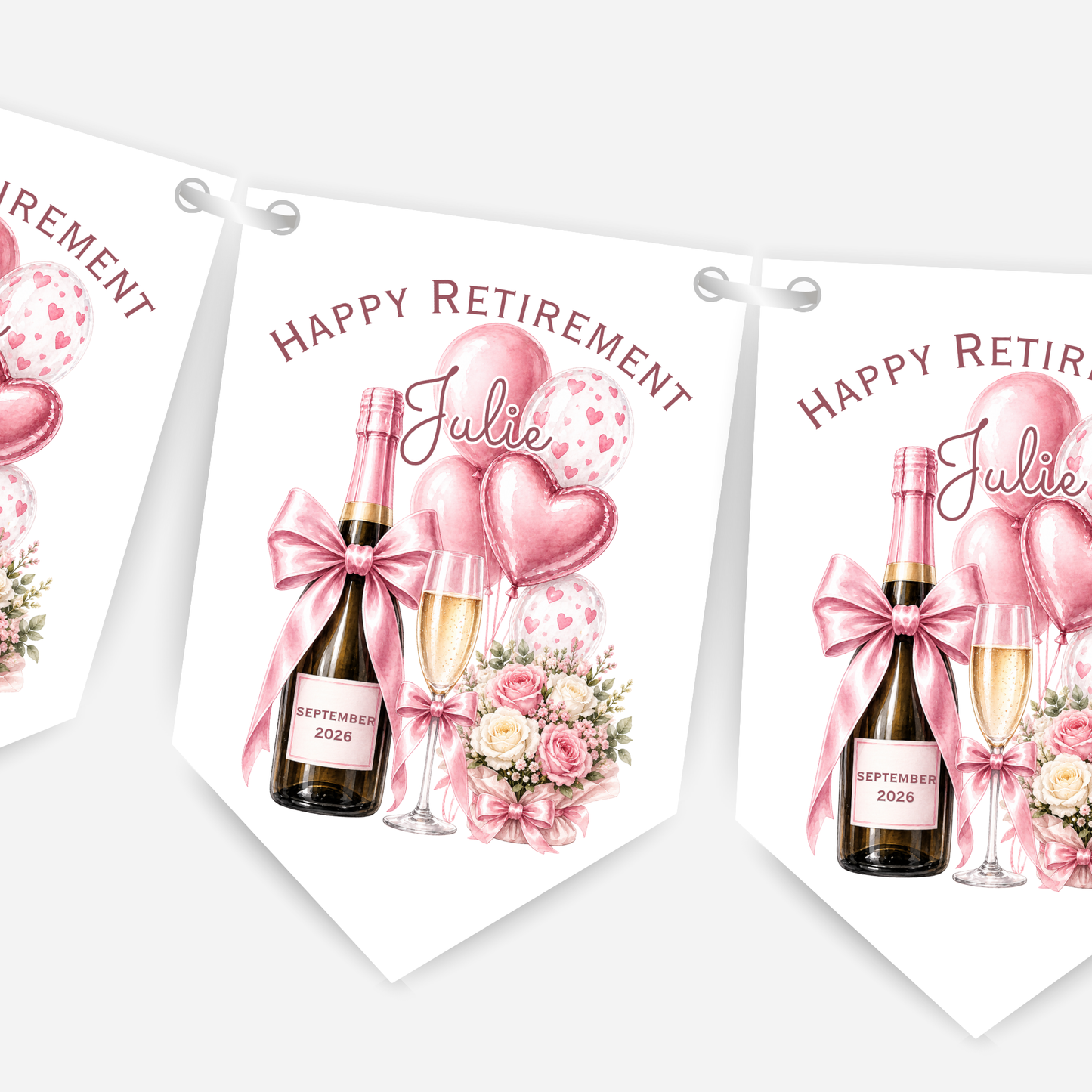 Retirement or any occasion bunting, pretty flowers, fizz and balloons design - B313