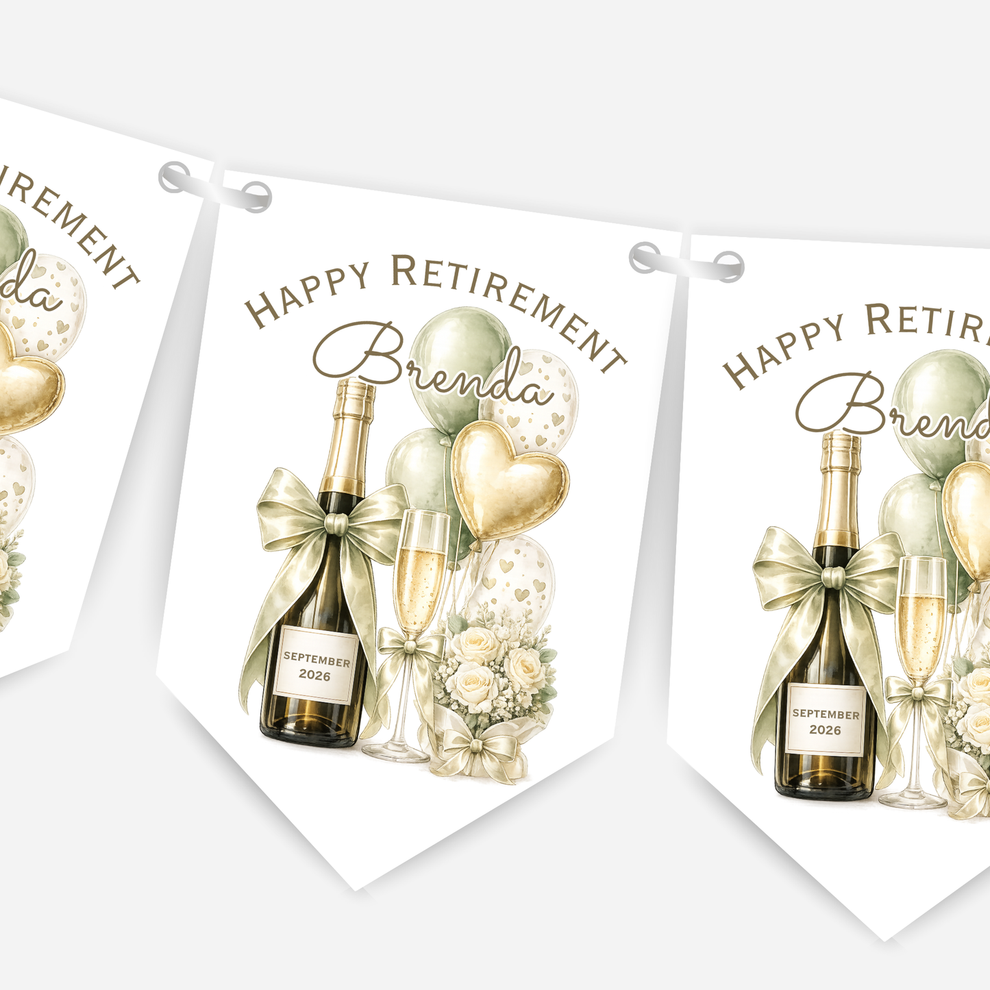 Retirement or any occasion bunting, pretty flowers, fizz and balloons design - B315