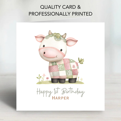 Cute Patchwork Cow Birthday Card - C599