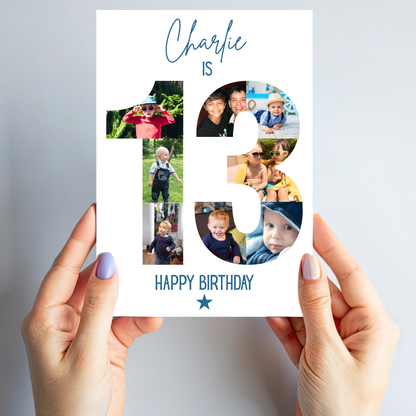 Blue 13th Birthday Photo Collage Card - PC49