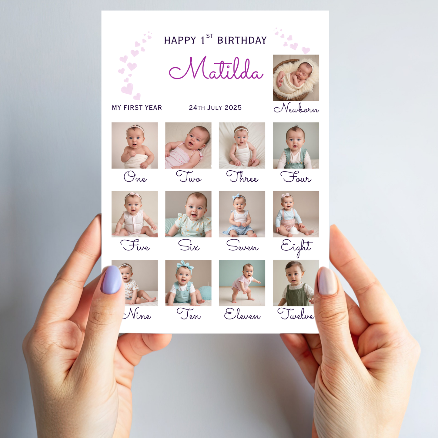 Newborn to 12 Months Milestone - Personalised 1st Birthday Photo Card - PC54