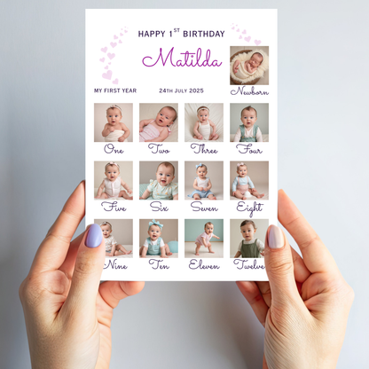 Newborn to 12 Months Milestone - Personalised 1st Birthday Photo Card - PC54