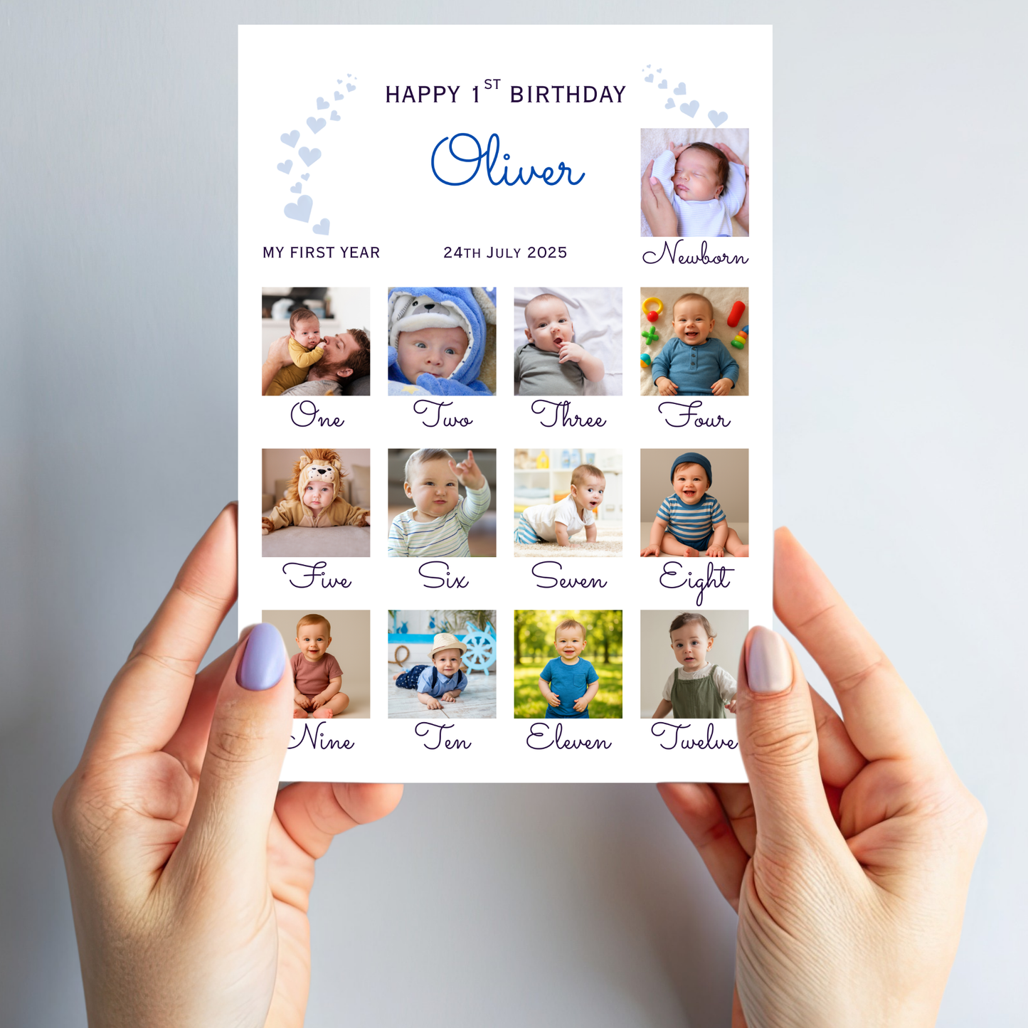 Newborn to 12 Months Milestone - Personalised 1st Birthday Photo Card - PC55
