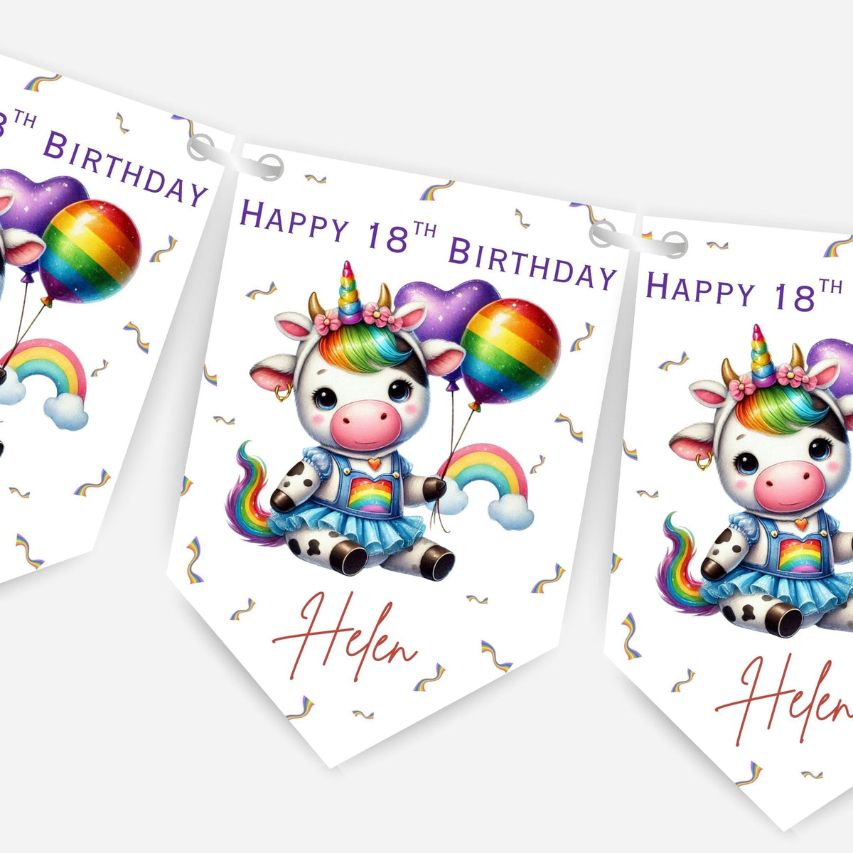 Rainbow Unicorn Cow Birthday Bunting -B345