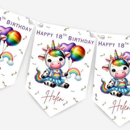 Rainbow Unicorn Cow Birthday Bunting -B345