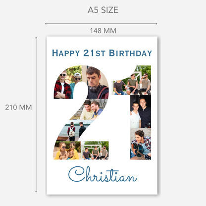 Blue 21st Birthday Photo Collage Card - PC08