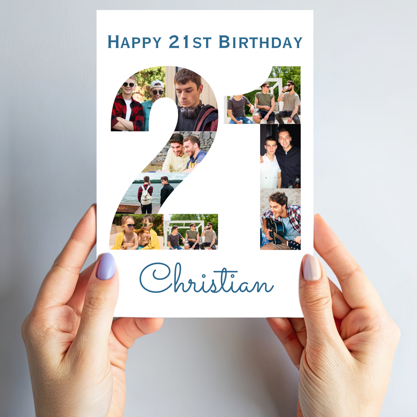 Blue 21st Birthday Photo Collage Card - PC08