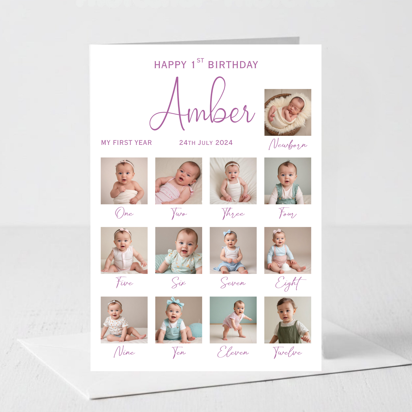 Newborn to 12 Months Milestone - Personalised 1st Birthday Photo Card - PC56